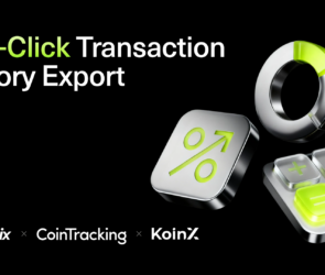 A graphic with the text One-Click Transaction History Export and logos for Bitunix, CoinTracking, and KoinX. It features 3D icons of a percentage sign, calculator, and a circular ring, all in silver and neon green.