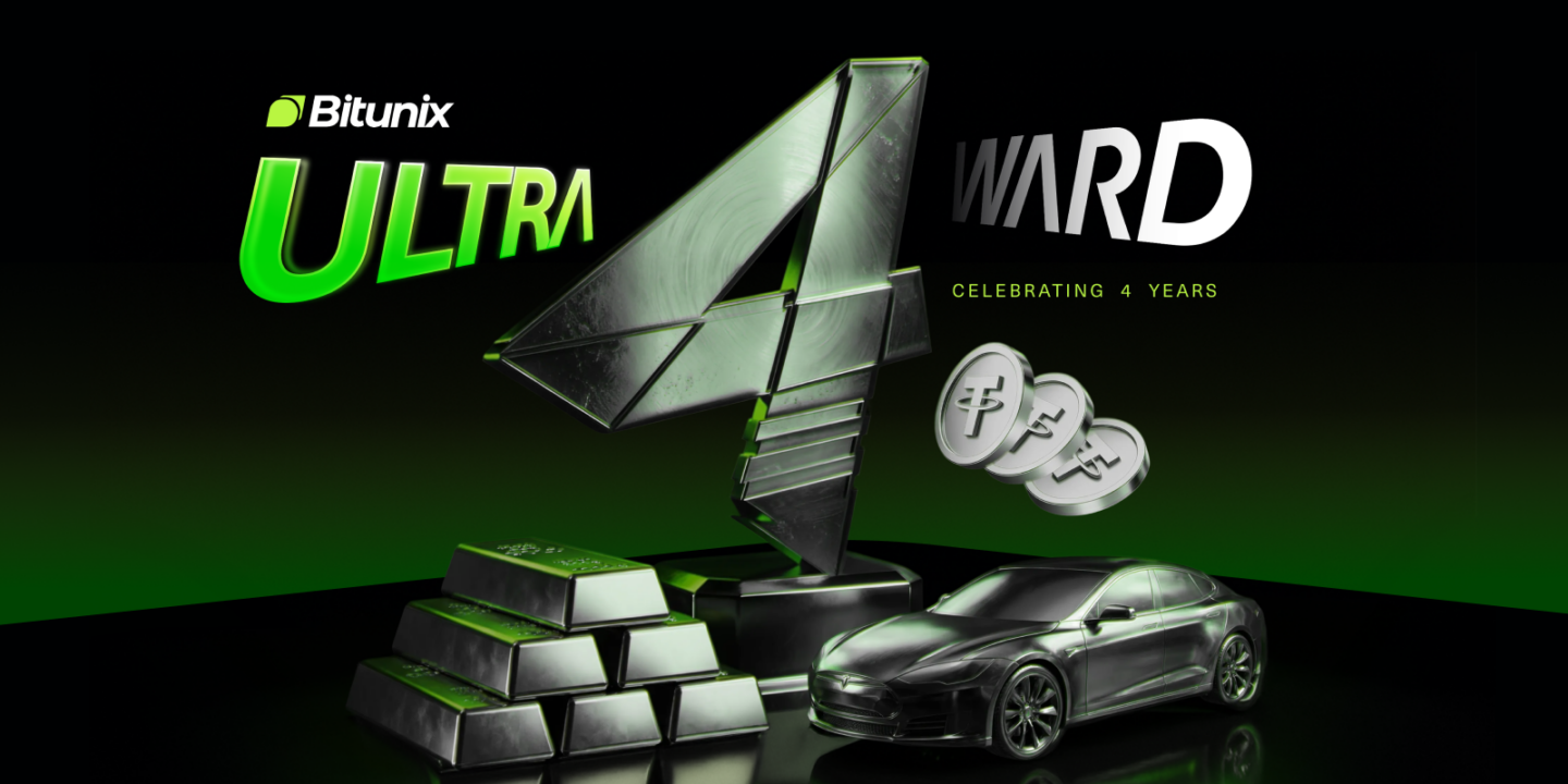 A metallic number 4 stands amid silver bars, coins, and a sleek car. Bitunix ULTRA 4WARD and Celebrating 4 Years appear above in green and white text on a black background. | Bitunix Bitunix 4th Anniversary: Ultra 4ward Campaign With 4M USDT Rewards | Bitunix
