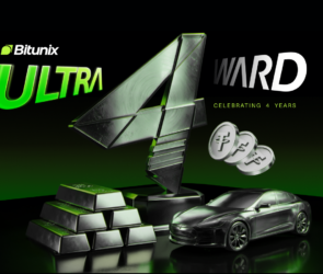 A metallic number 4 stands amid silver bars, coins, and a sleek car. Bitunix ULTRA 4WARD and Celebrating 4 Years appear above in green and white text on a black background.