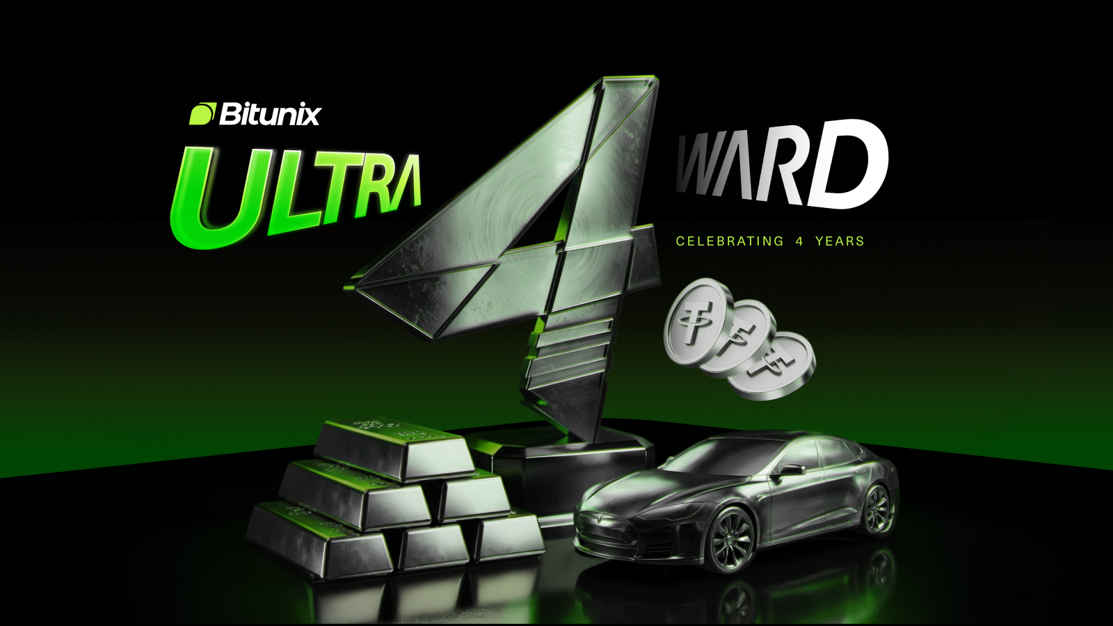 A metallic number 4 stands amid silver bars, coins, and a sleek car. Bitunix ULTRA 4WARD and Celebrating 4 Years appear above in green and white text on a black background.