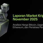 A digital graphic with floating cubes displaying Bitcoin and Ethereum logos. Text reads: Laporan Market Kripto November 2025: Analisis Harga Bitcoin, Upgrade Ethereum, dan Peristiwa Penting DeFi. Bitunix logo in the bottom right corner.