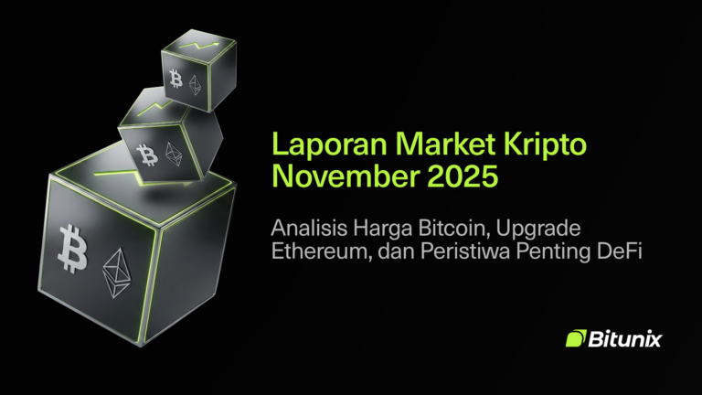 A digital graphic with floating cubes displaying Bitcoin and Ethereum logos. Text reads: Laporan Market Kripto November 2025: Analisis Harga Bitcoin, Upgrade Ethereum, dan Peristiwa Penting DeFi. Bitunix logo in the bottom right corner.