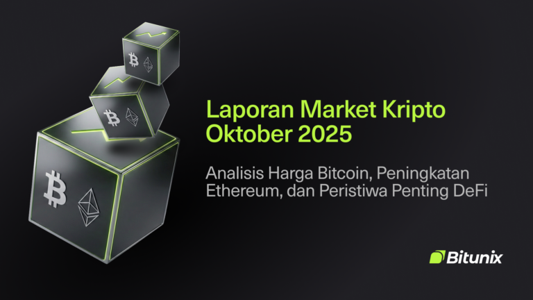 Bitunix Ilustrasi tiga kubus bertumpuk dengan simbol Bitcoin dan Ethereum, disertai teks Laporan Market Kripto Oktober 2025: Analisis Harga Bitcoin, Peningkatan Ethereum, dan Peristiwa Penting DeFi serta logo Bitunix.