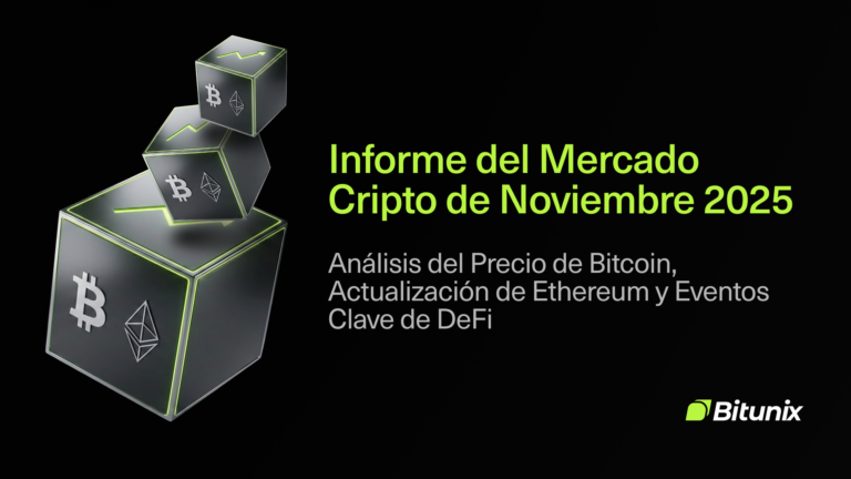 Bitunix Three cubes with logos of Bitcoin, Ethereum, and other cryptocurrencies float on a black background. Spanish text reads: Informe del Mercado Cripto de Noviembre 2025 with analysis details, and a Bitunix logo appears at the bottom right.
