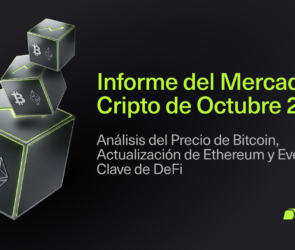 Three cubes with cryptocurrency symbols float above text that reads: Informe del Mercado Cripto de Octubre 2025. Análisis del Precio de Bitcoin, Actualización de Ethereum y Eventos Clave de DeFi. Bitunix logo appears at the bottom.