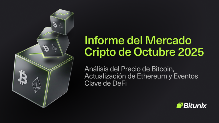 Three cubes with cryptocurrency symbols float above text that reads: Informe del Mercado Cripto de Octubre 2025. Análisis del Precio de Bitcoin, Actualización de Ethereum y Eventos Clave de DeFi. Bitunix logo appears at the bottom.