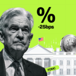 A grayscale man in front of the White House holds a Bitcoin coin, percent sign, and “-25bps,” with labels like “Rate Cut,” “Hawkish Cut,” and “FOMC.” The bright green background features Bitunix branding and subtle Fed references. | Bitunix Fed Hawkish Cut, Bitcoin Price And Crypto Markets React | Bitunix