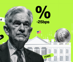 A grayscale Jerome Powell in front of the White House holds a Bitcoin coin, percent sign, and “-25bps,” with labels like “Rate Cut,” “Hawkish Cut,” and “FOMC.” The bright green background features Bitunix branding and subtle Fed references.