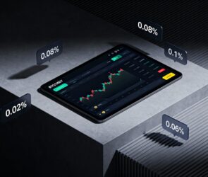 A tablet displaying a cryptocurrency trading chart screen rests on a geometric gray surface, surrounded by floating percentage figures: 0.02%, 0.08%, 0.1%, and 0.06%.
