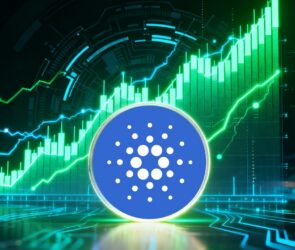 A digital Cardano (ADA) cryptocurrency logo is centered in front of glowing green candlestick and line charts trending upward, symbolizing growth and rising market value in a futuristic, tech-inspired setting.