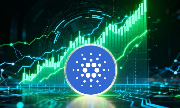A digital Cardano (ADA) cryptocurrency logo is centered in front of glowing green candlestick and line charts trending upward, symbolizing growth and rising market value in a futuristic, tech-inspired setting.