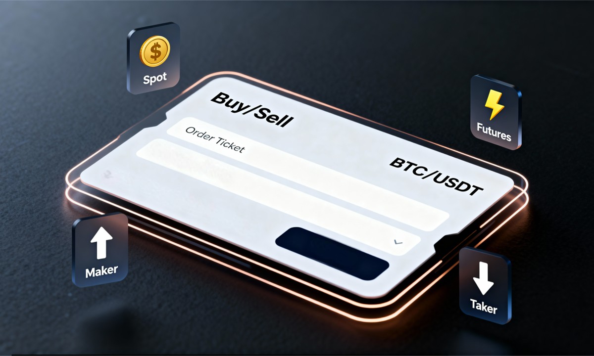 A digital interface displays a Buy/Sell order ticket for BTC/USDT, surrounded by icons labeled Spot, Futures, Maker, and Taker, representing different trading options in cryptocurrency.