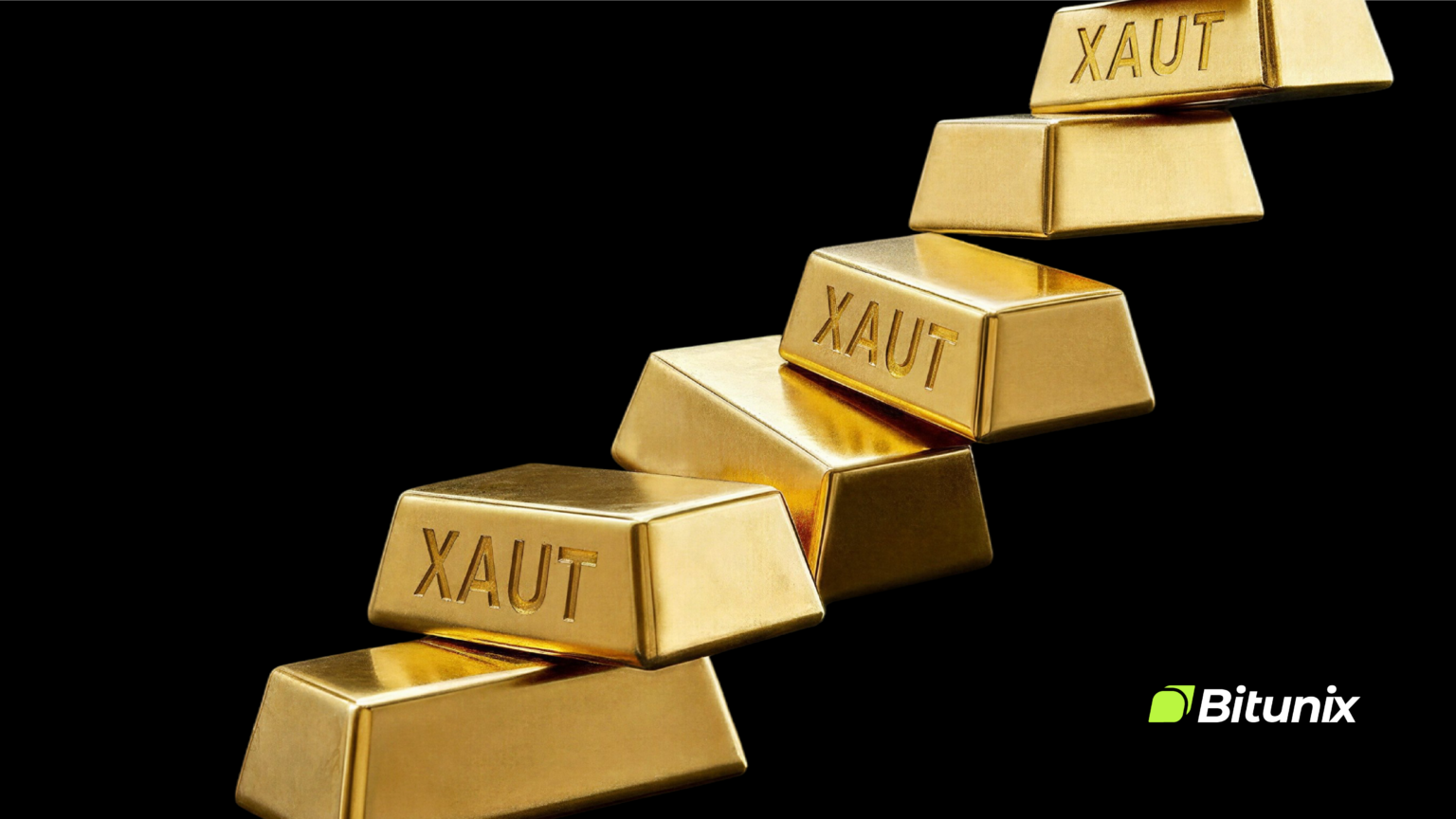 Bitunix Five gold bars labeled “XAUT” are stacked diagonally against a black background. The Bitunix logo appears in the lower right corner.