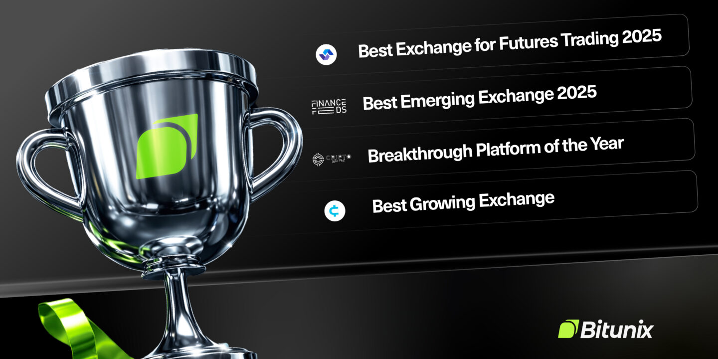 Bitunix A silver trophy beside a list of awards for Bitunix, including Best Exchange for Futures Trading 2025, Best Emerging Exchange 2025, Breakthrough Platform of the Year, and Best Growing Exchange. Bitunix logo appears at the bottom right. | Bitunix Bitunix Awards 2025: Four International Recognitions for Futures Trading Growth | Bitunix