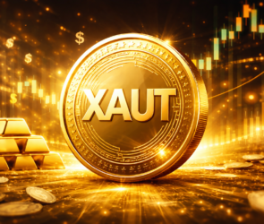 Bitunix A shiny gold XAUT coin stands upright amid gold bars, scattered coins, and glowing financial charts, symbolizing wealth, gold-backed cryptocurrency, and financial growth.