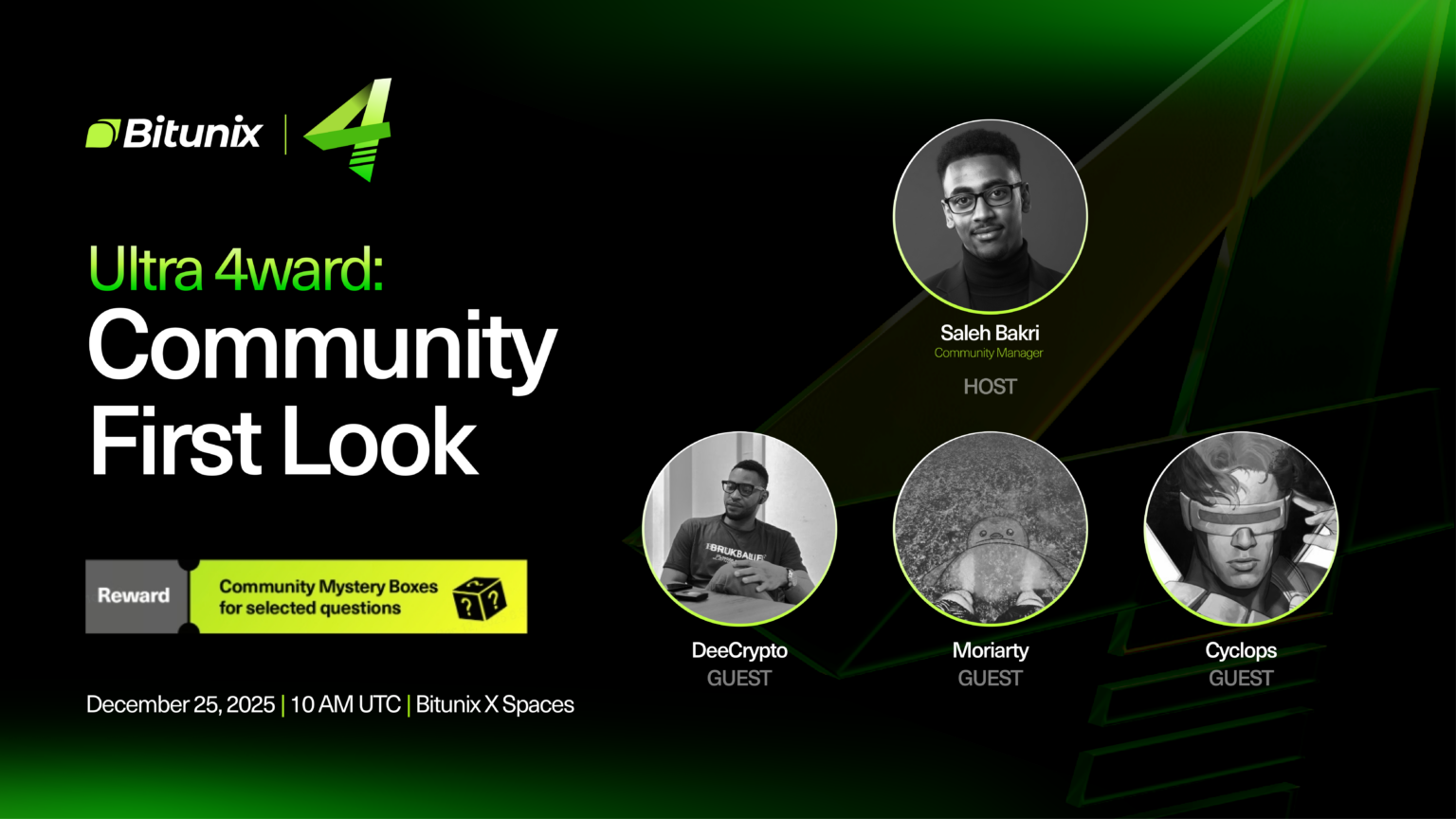 Bitunix A promotional banner for Ultra 4ward: Community First Look by Bitunix, featuring host Saleh Bakri and guests DeeCrypto, Moriarty, and Cyclops. The event is on December 25, 2025, at 10 AM UTC on Bitunix X Spaces.