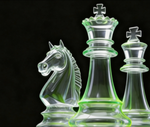 Bitunix Four transparent glass chess pieces—a knight, king, queen, and pawn—are arranged in a row against a dark background, with green light reflecting along their edges.