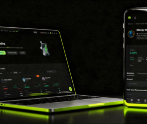 A neon-trimmed laptop and smartphone display a dark-themed trading platform interface, showing charts, financial data, and trading options against a black background.
