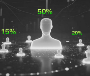Bitunix A digital illustration of several human figures connected by lines, with percentage values (50%, 20%, 15%, 10%, 5%) displayed above them, representing data distribution or network analysis.