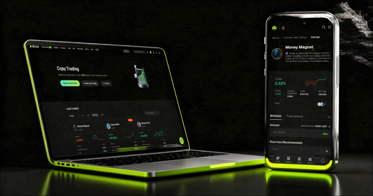 A neon-trimmed laptop and smartphone display a dark-themed trading platform interface, showing charts, financial data, and trading options against a black background. | Bitunix What Is Copy Trading in Crypto? How Copy Trading Works on Bitunix | Bitunix
