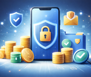 Bitunix A smartphone with a padlock icon on its screen is surrounded by stacks of coins, bitcoin symbols, security shields, a file folder, an envelope, and checkmarks, symbolizing digital security and cryptocurrency.