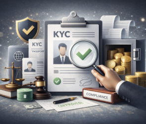 Bitunix A hand holds a magnifying glass over a KYC document with a green checkmark, surrounded by compliance symbols, gold coins, scales of justice, a gavel, a shield, documents, and a stack of passports.