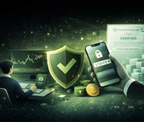 Bitunix A person at a computer monitors cryptocurrency data while holding a phone showing a security code. A shield with a checkmark, Bitcoin coins, and a “Proof of Reserves Verified” certificate symbolize secure crypto transactions.