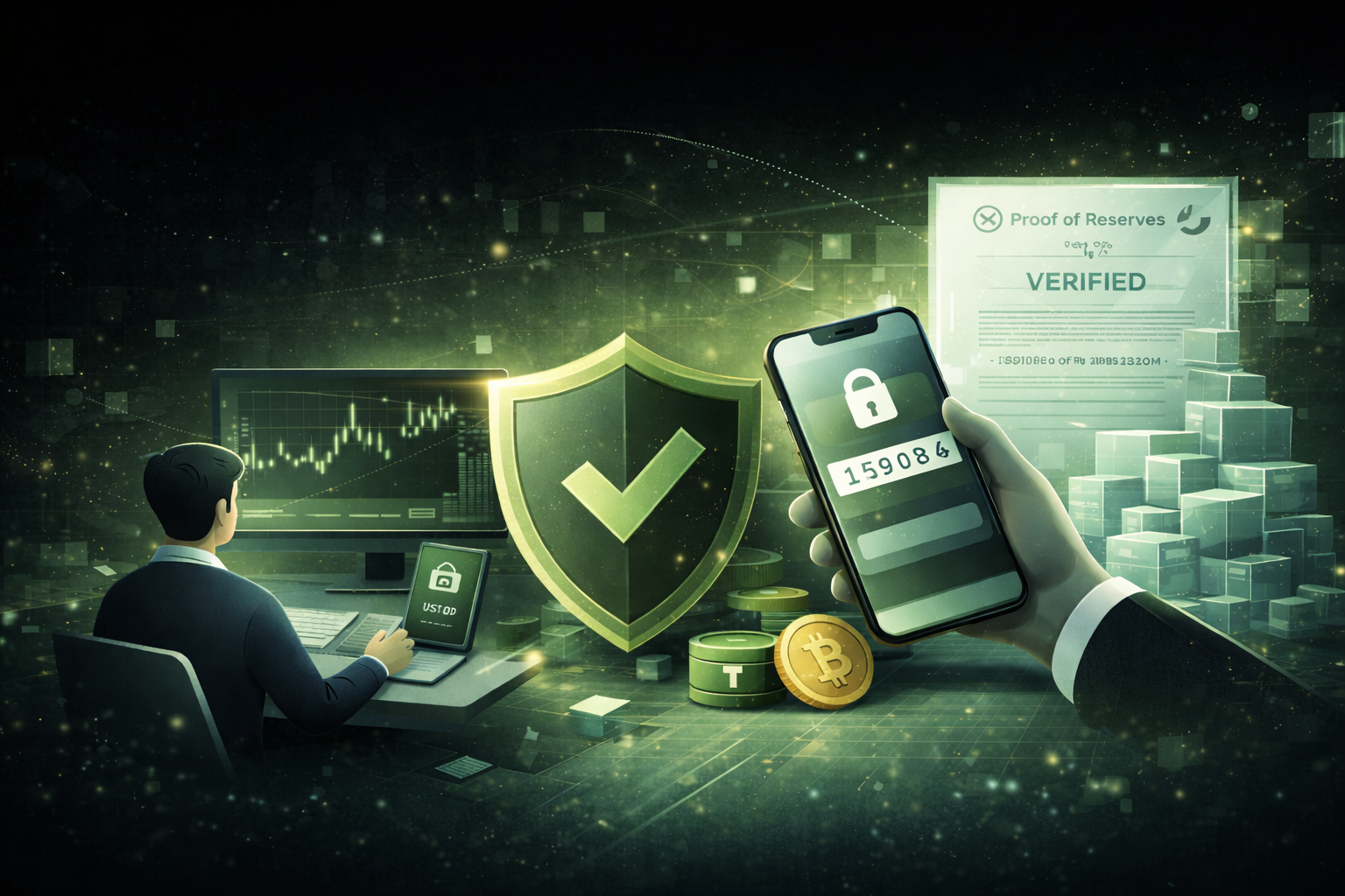 Bitunix A person at a computer monitors cryptocurrency data while holding a phone showing a security code. A shield with a checkmark, Bitcoin coins, and a “Proof of Reserves Verified” certificate symbolize secure crypto transactions.
