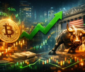 Bitunix A glowing Bitcoin coin, bundles of cash, a green upward arrow, and the Wall Street bull symbolize financial growth amid stock and cryptocurrency market charts, with U.S. flags and city buildings in the background.