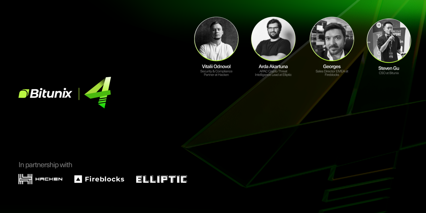 Bitunix A promotional graphic for Bitunix 4 featuring logos and headshots of four speakers: Vitalii Oblozd, Artie Hantura, Georges, and Steven Gu. Partner logos for Hacken, Fireblocks, and Elliptic are shown at the bottom. | Bitunix Bitunix AMA: Crypto Liquidity, Security, and Execution | Bitunix