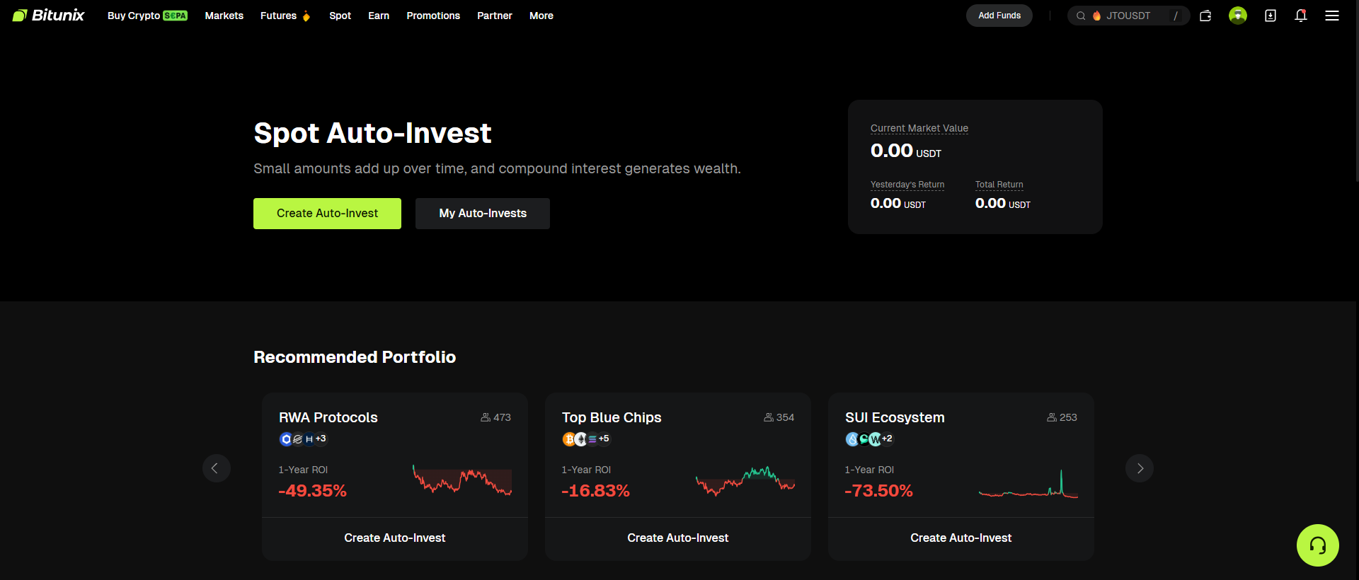 Bitunix Screenshot of Bitunixs Spot Auto-Invest dashboard showing options to create auto-invest plans, current market value (0.00 USDT), and sample portfolios with market performance charts and percentages. Dark-themed interface. | Bitunix Bitunix Screenshot of Bitunixs Spot Auto-Invest dashboard showing options to create auto-invest plans, current market value (0.00 USDT), and sample portfolios with market performance charts and percentages. Dark-themed interface.
