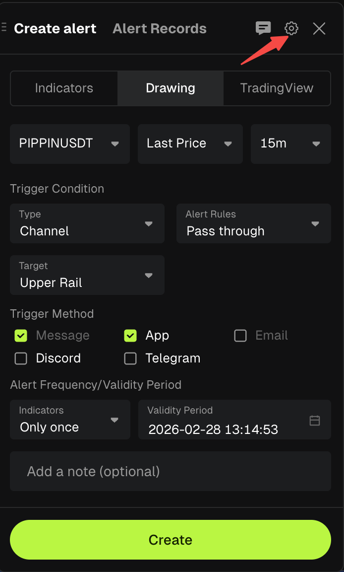 Bitunix A screenshot of a Create alert screen with options for trading indicators, trigger conditions, alert rules, trigger methods, frequency, validity period, and a green Create button at the bottom. A red arrow points to a gear icon.