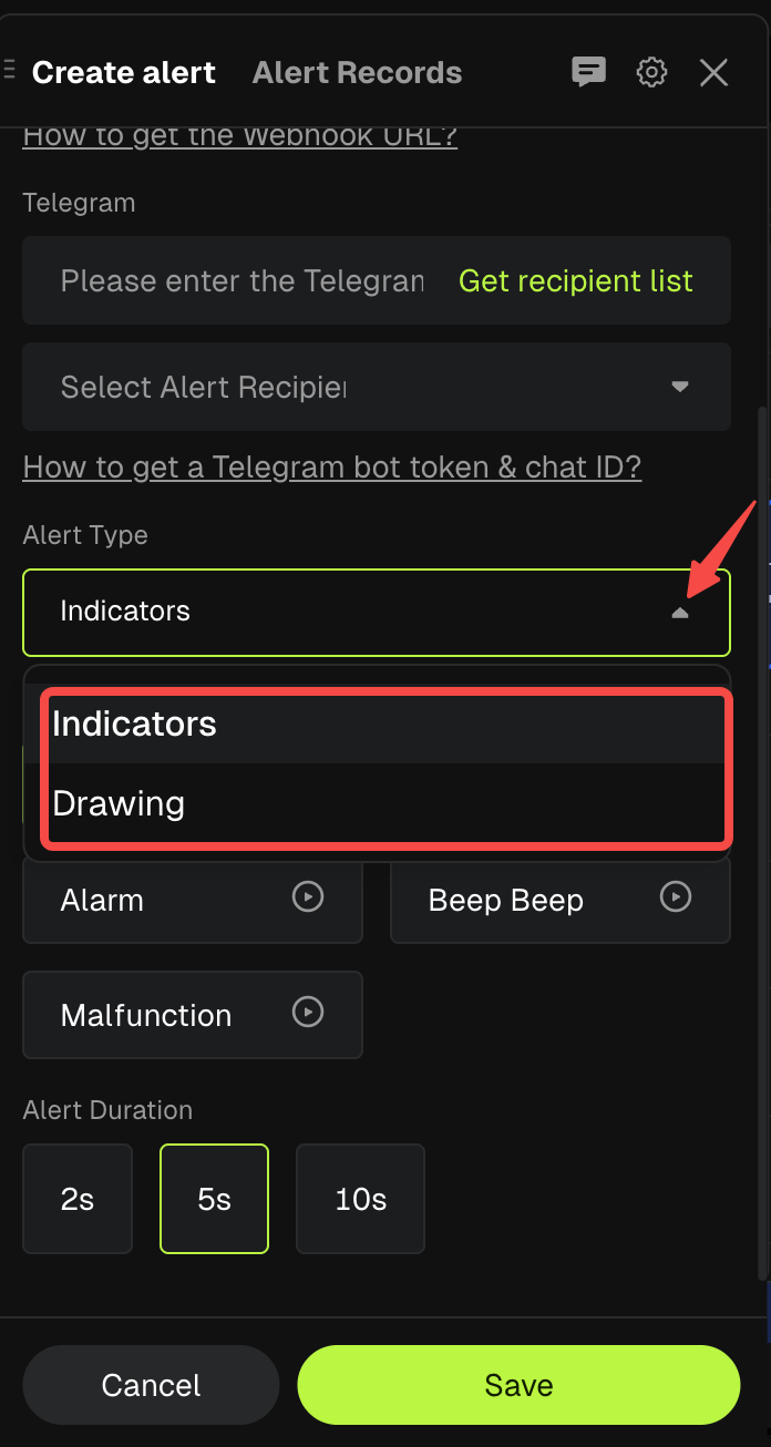 Bitunix A dropdown menu labeled Alert Type is expanded, showing two options: Indicators (highlighted) and Drawing. A red arrow points to the dropdown menu. Other alert settings are visible below.