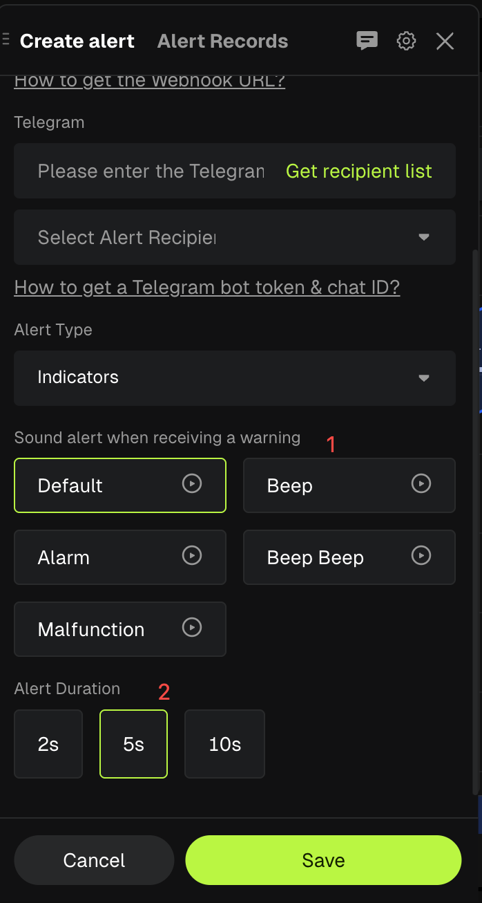 Bitunix A digital alert creation interface with options for Telegram recipient, alert type, sound alert (Default, Alarm, Malfunction), alert sound (Beep, Beep Beep), alert duration (2s, 5s, 10s), and Save/Cancel buttons.