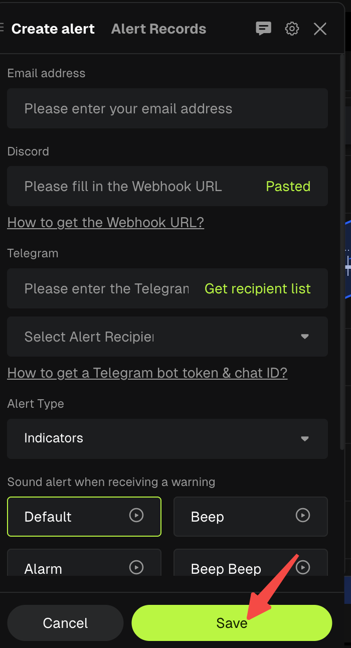 Bitunix A screenshot of an alert creation form with fields for email, Discord webhook, and Telegram info. The Save button at the bottom right is highlighted with a red arrow.