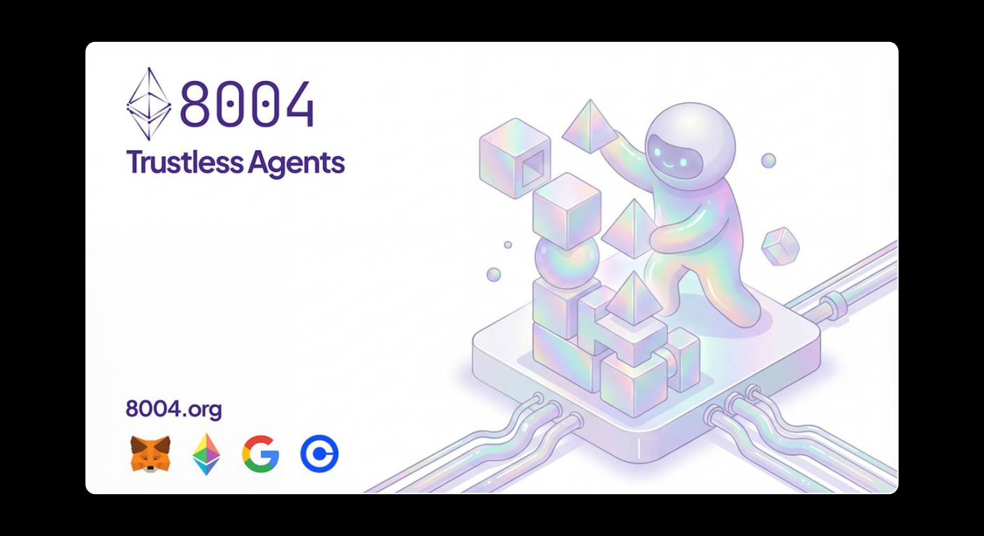 Bitunix A futuristic figure assembles holographic cubes and pyramids on a platform with data cables. 8004 Trustless Agents and logos for MetaMask, Google, Ethereum, and OpenSea are shown, along with 8004.org. | Bitunix Bitunix A futuristic figure assembles holographic cubes and pyramids on a platform with data cables. 8004 Trustless Agents and logos for MetaMask, Google, Ethereum, and OpenSea are shown, along with 8004.org.