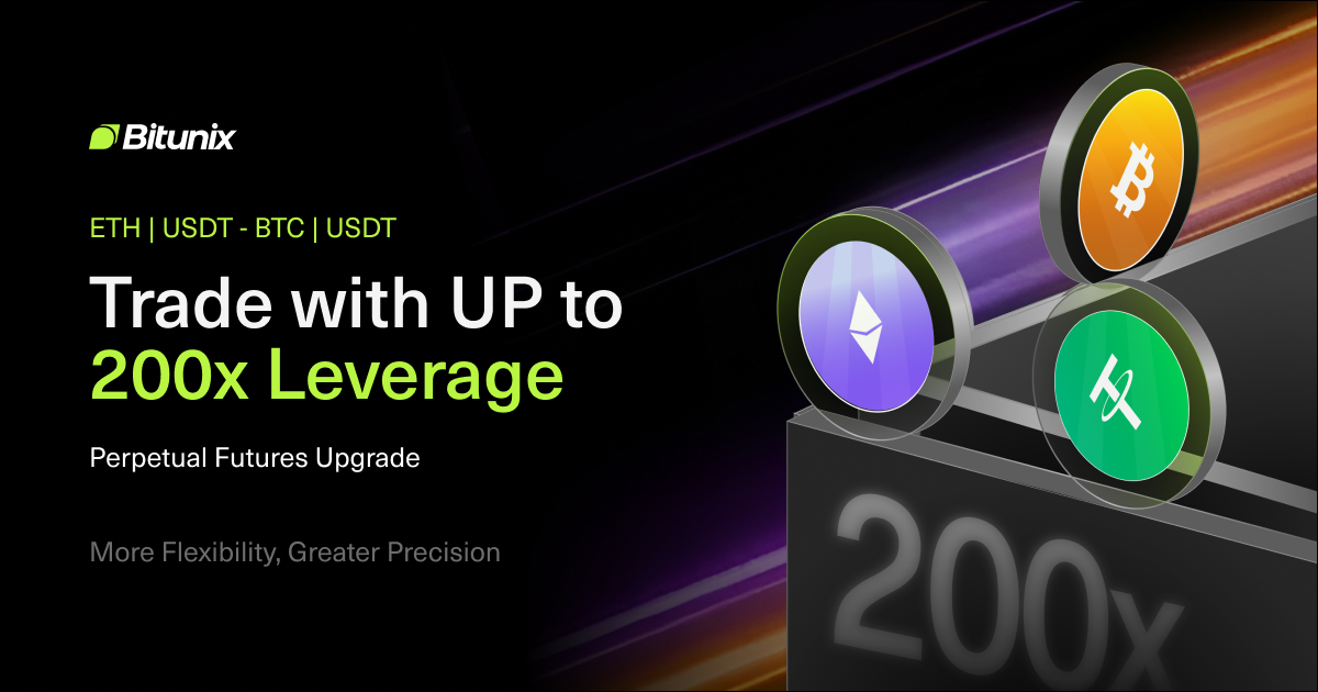Bitunix Promotional graphic for Bitunix showing Bitcoin, Ethereum, and Tether icons. Text reads: Trade with UP to 200x Leverage. Perpetual Futures Upgrade. More Flexibility, Greater Precision. ETH, USDT, BTC, and USDT are listed.
