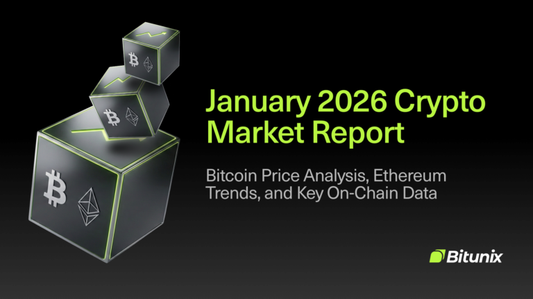 Bitunix Three cubes with Bitcoin and Ethereum logos float above black space. Text reads: January 2026 Crypto Market Report—Bitcoin Price Analysis, Ethereum Trends, and Key On-Chain Data. Bitunix logo appears in the lower right corner.