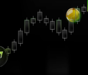 Bitunix A candlestick chart on a black background displays fluctuating prices. Two cryptocurrency coins are overlaid: one green coin at the chart’s low and one gold coin at the chart’s peak, with a bright green bar at the end.