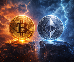 Bitunix Two large coins, one with the Bitcoin logo and one with the Ethereum logo, stand on rocky pedestals. Fiery orange light surrounds Bitcoin, while blue lightning surrounds Ethereum, with a stormy sky in the background.