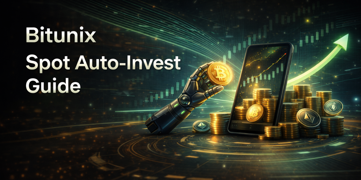 Bitunix A robotic hand holds a Bitcoin coin near a smartphone displaying a rising green arrow, stacks of coins, and golden tokens. Text reads Bitunix Spot Auto-Invest Guide on a dark digital background. | Bitunix Bitunix Spot Auto-Invest: How to Automate Crypto DCA on Web | Bitunix