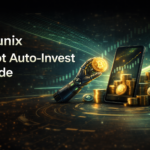 Bitunix A robotic hand holds a Bitcoin coin near a smartphone displaying a rising green arrow, stacks of coins, and golden tokens. Text reads Bitunix Spot Auto-Invest Guide on a dark digital background.