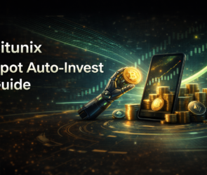 Bitunix A robotic hand holds a Bitcoin coin near a smartphone displaying a rising green arrow, stacks of coins, and golden tokens. Text reads Bitunix Spot Auto-Invest Guide on a dark digital background.