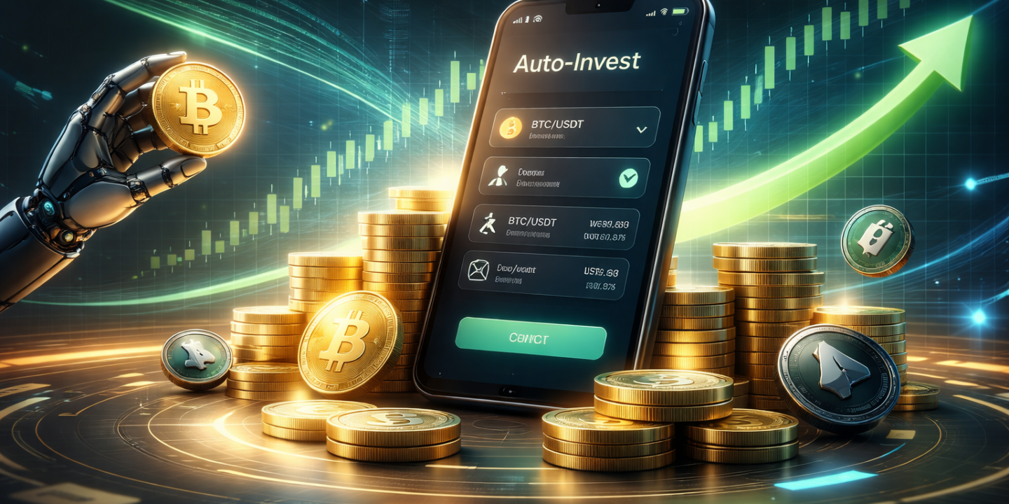 Bitunix A smartphone displaying a crypto auto-invest app is surrounded by stacks of coins, with a robotic hand holding a Bitcoin symbol and digital financial graphs in the background, highlighting automated cryptocurrency investment. | Bitunix Bitunix Spot Auto-Invest Guide: Crypto DCA for Long-Term Investing | Bitunix
