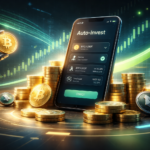 Bitunix A smartphone displaying a crypto auto-invest app is surrounded by stacks of coins, with a robotic hand holding a Bitcoin symbol and digital financial graphs in the background, highlighting automated cryptocurrency investment.