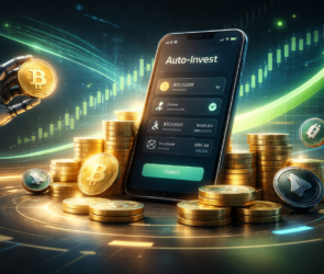Bitunix A smartphone displaying a crypto auto-invest app is surrounded by stacks of coins, with a robotic hand holding a Bitcoin symbol and digital financial graphs in the background, highlighting automated cryptocurrency investment.