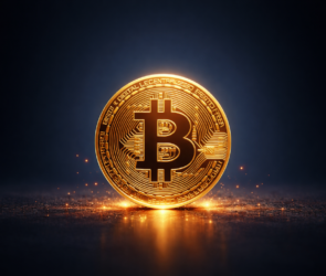 Bitunix A glowing gold Bitcoin coin stands upright on a dark surface, with sparks and a soft light illuminating its detailed circuitry and Bitcoin symbol, against a dark, blurred background.