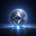 Bitunix A glowing silver Ethereum coin stands upright on a dark, reflective surface, surrounded by a blue aura and digital light effects. The Ethereum logo is clearly visible in the center of the coin.