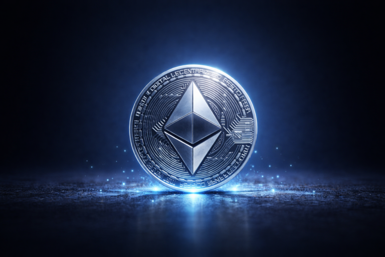 Bitunix A glowing silver Ethereum coin stands upright on a dark, reflective surface, surrounded by a blue aura and digital light effects. The Ethereum logo is clearly visible in the center of the coin.