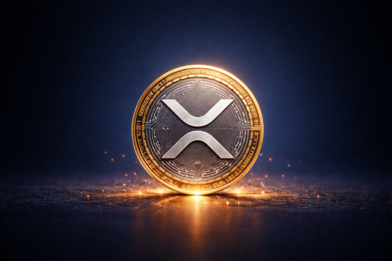 Bitunix A glowing XRP cryptocurrency coin stands upright on a dark, reflective surface, surrounded by golden sparks, with circuitry patterns and the XRP logo visible.
